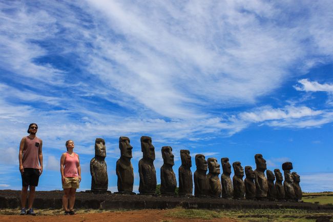 Tongariki - 15 reconstructed Moai and two tourists