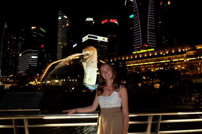 Skyline and Merlion at night