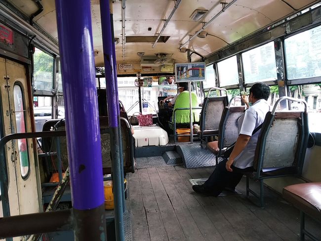Bus from the inside (yes, those are wooden planks)