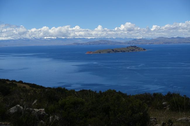 Weitblick über den See mit den Bolivianischen Bergriesen im Hintergrund.