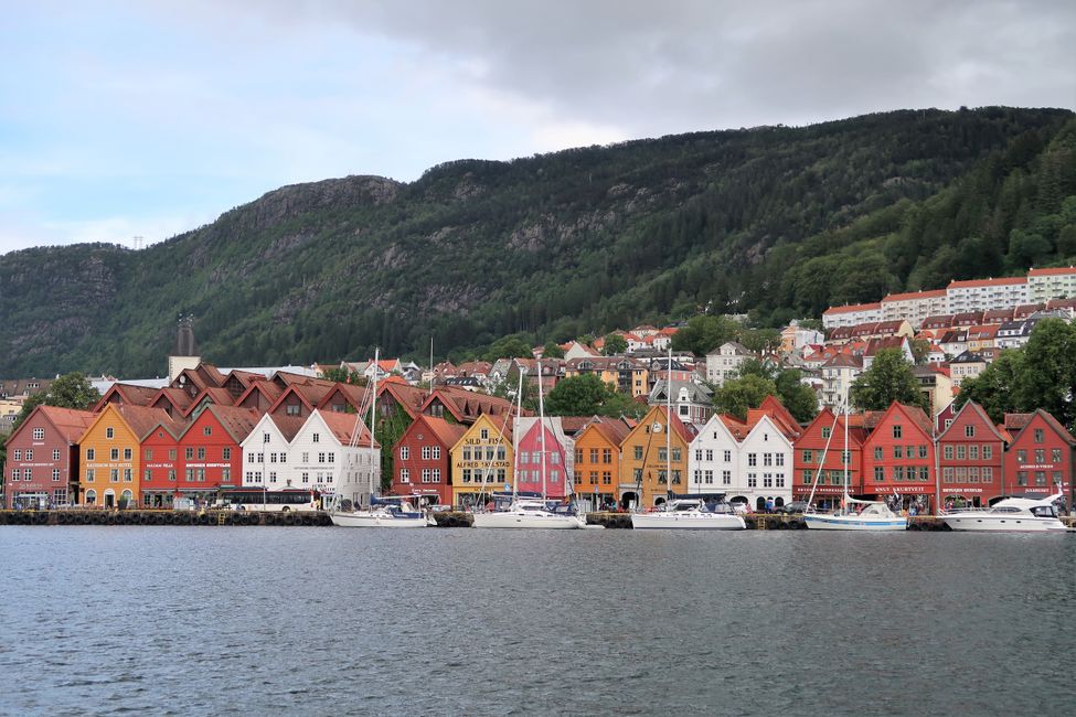 View over the harbor to the wooden houses of Bryggen.
