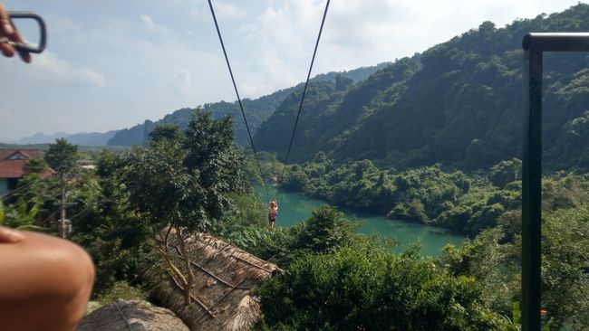 The zipline leads directly to the cave