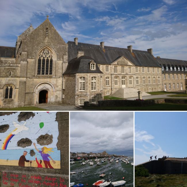 top: the abbey of the order in St. Sauveur-le-Vicomte; bottom left: a painted bunker, a collaboration of German and French students; bottom middle: the port of Barfleur; bottom right: a bunker on a hiking trail that could also be climbed 
