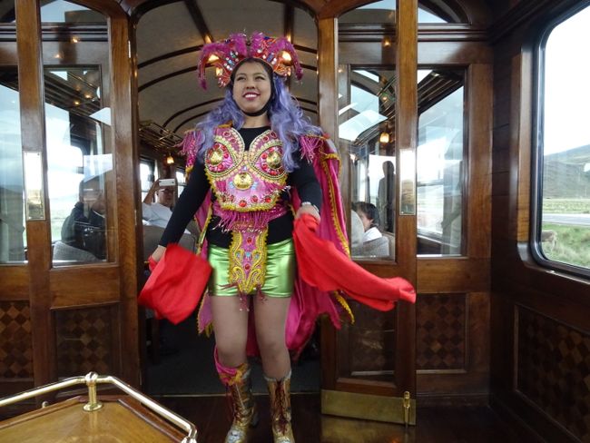 Traditional Carnival clothing to entertain tourists on the train to Puno