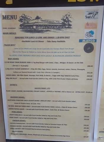 Nindigully Pub, Menu