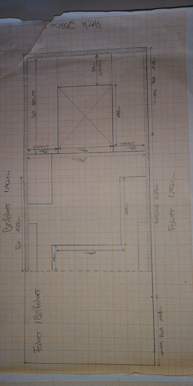 First plan of how we wanted to do the room layout. Kitchen in the front, bed in the back