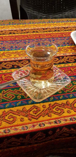 Turkish apple tea at the carpet dealer.