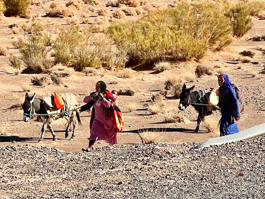 Two women follow the course of the road with their donkeys. 