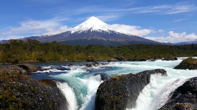 Petrohue Waterfalls with Osorno Volcano in the background