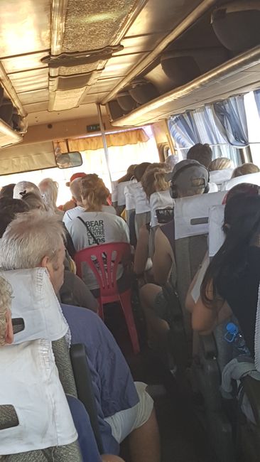 In the same bus with Mila and Benedikt, we headed towards Pakse. However, I got off a few kilometers before in Champasak. (Picture: when all seats are full, plastic chairs are placed in the aisle).