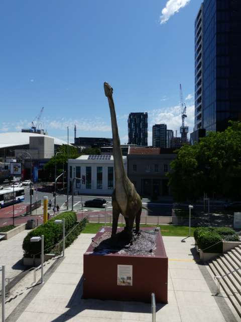 Dino in front of the museum entrance
