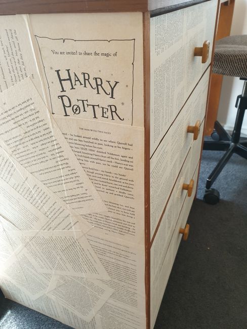 Upcycling - take an old Harry Potter novel, a donated desk and some glue