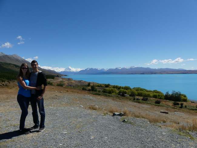 Us with Lake Pukaki and Mount Cook