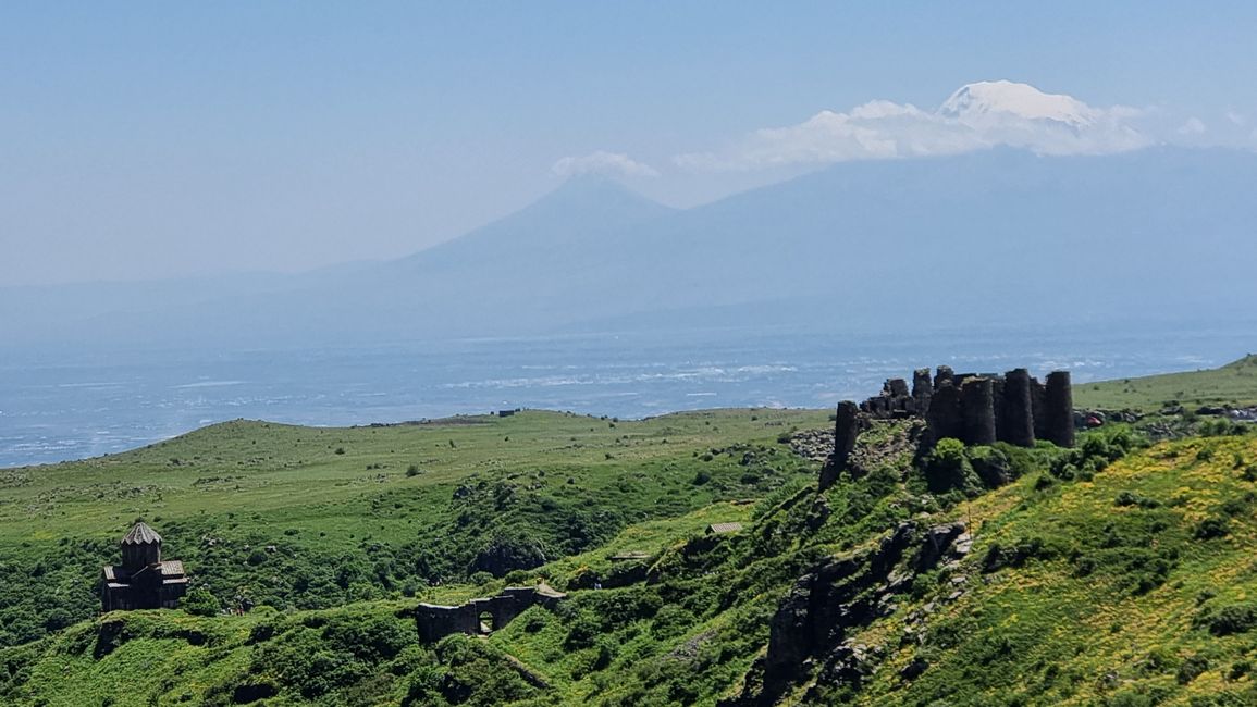 Amberd and church in front of Mount Ararat
