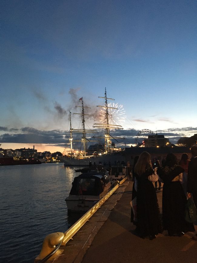 The fireworks at the harbor with the sailing ship from the first blog.