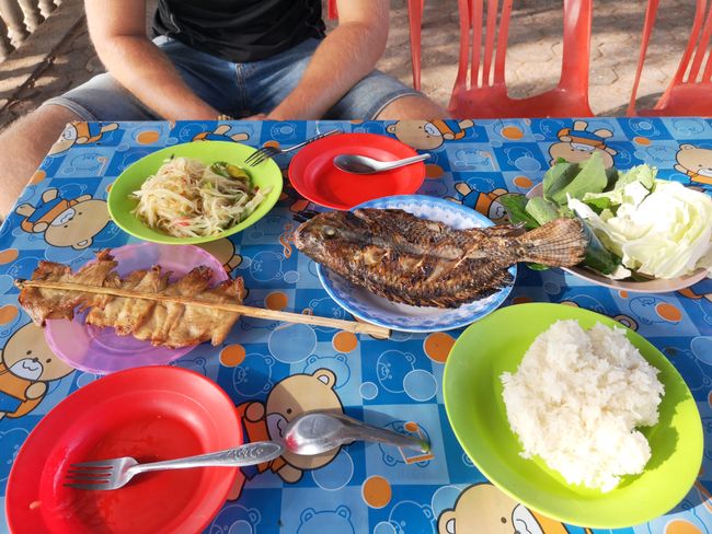 Typisches Mittagessen mit gegriltem Fisch, Hähnchen, Papayasalat und Sticky Rice