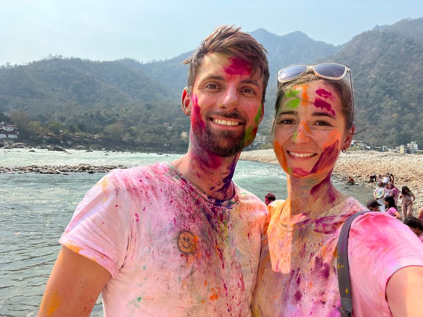 The colorful Holi at the holy river Ganges. 