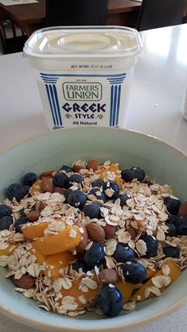 Frühstück in Australien mit Mango-Blaubeer-Griechischer-Joghurt am Pool in der Sonne ^.^