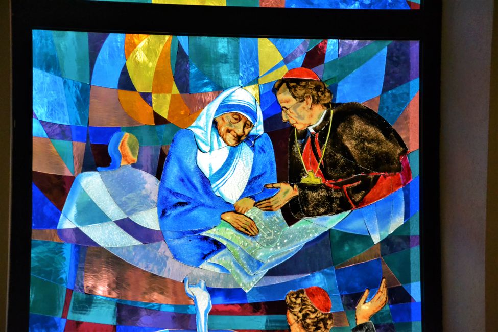 A window painting in the grand cathedral - visit of Mother Teresa (Albanian)