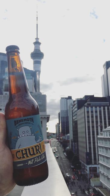 Bier brauen können die Neuseeländer auch ganz gut! Von der Dachterrasse aus fotografiert, im Hintergrund der Sky Tower😊