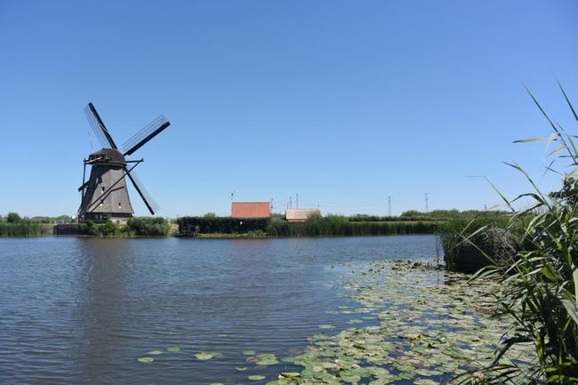 Holland: through the town of Gouda, and past many windmills.