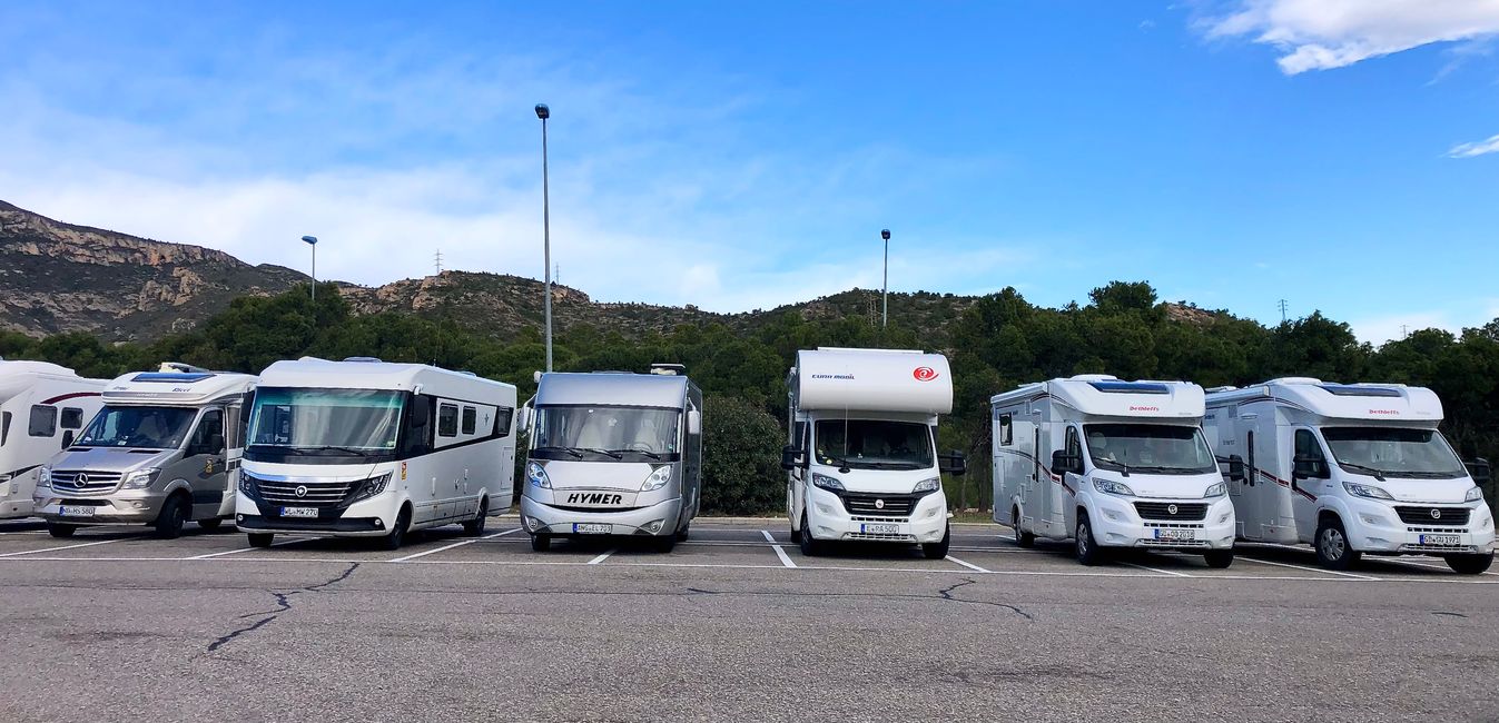 Motorhome parade: Our vehicles at a rest area.