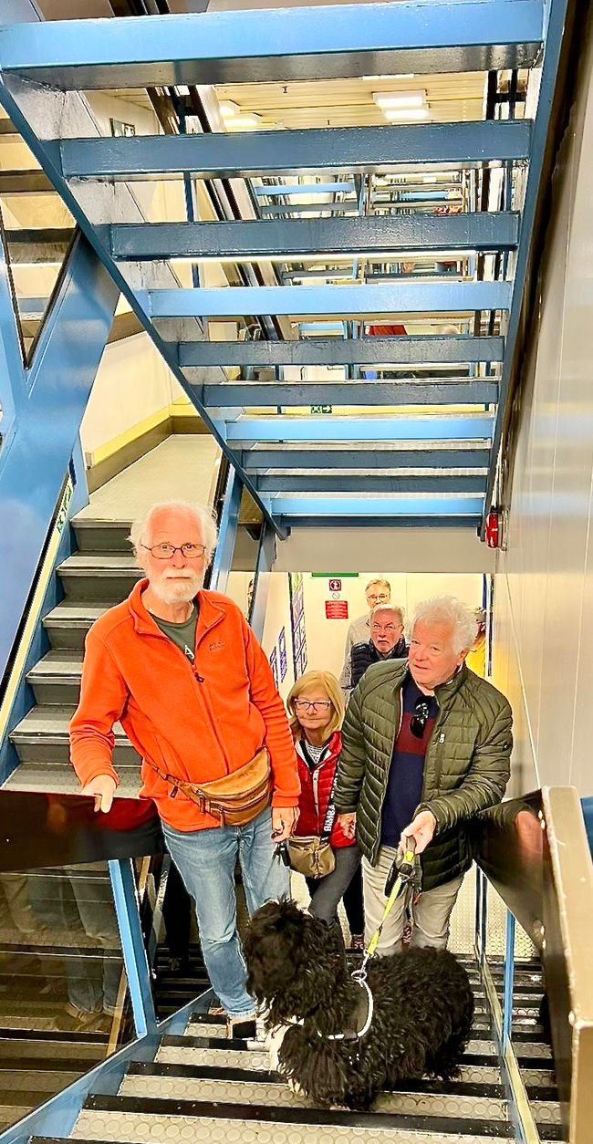 Udo (left) and Martin leading the way up the stairs towards the upper decks.