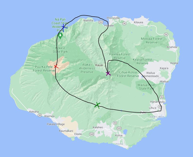 Grün=Jurassic Park Falls, Rot=Waime Canyon, Blau=Na Pali Coast, Violett= Kawaikini