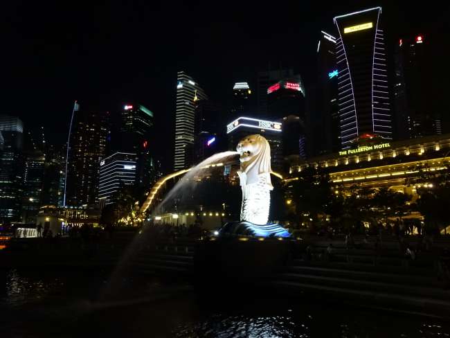 Skyline and Merlion at night