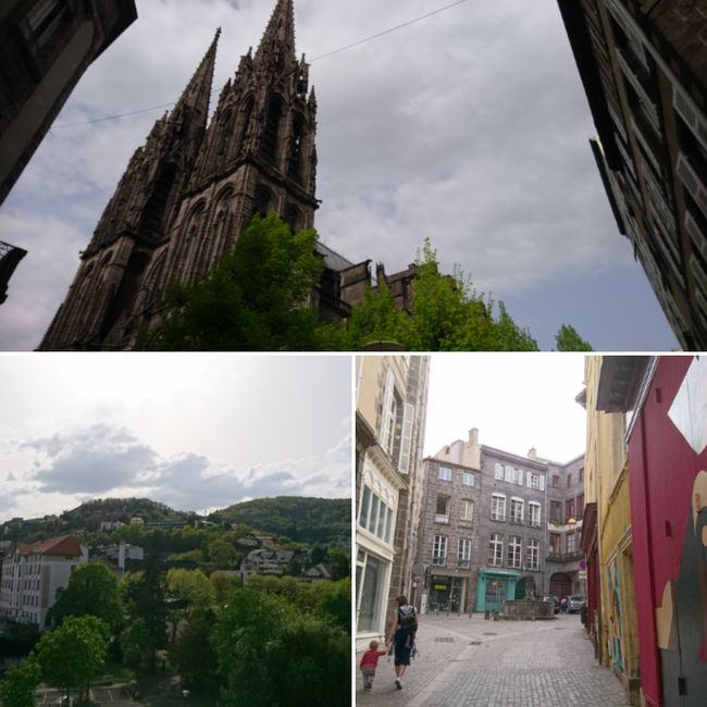Above: the cathedral in Clermont-Ferrand; bottom left: the view from my host on the mountains of Auvergne; bottom right: a street scene with a bit of street art