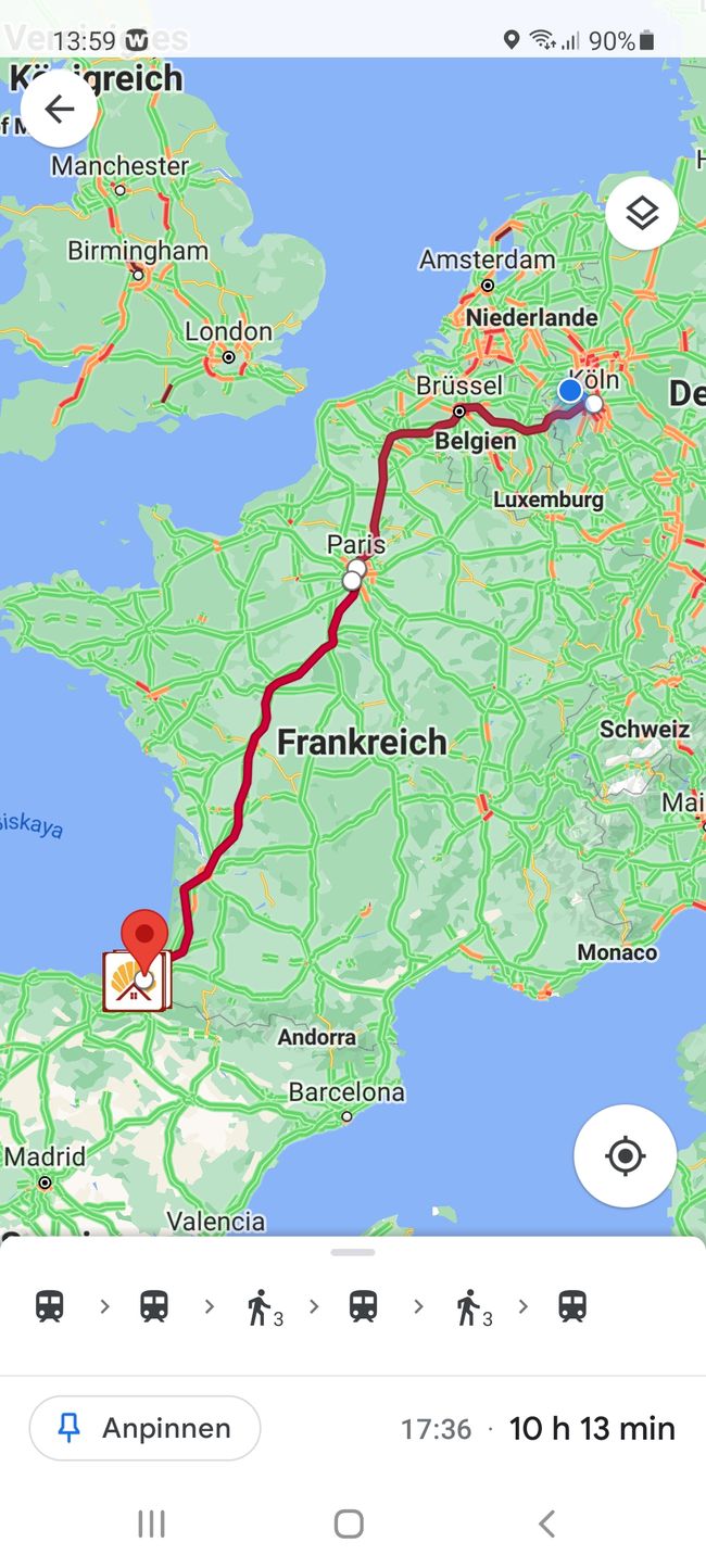 Zufahrt von Jüchen nach Hendaye über Köln und Paris