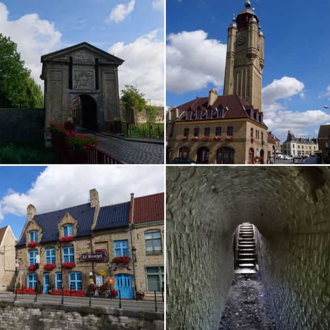 top left: an old preserved city gate in Bergues; top right: the belfry; bottom left: a street scene; bottom right: accessible old tunnels of the city fortification 