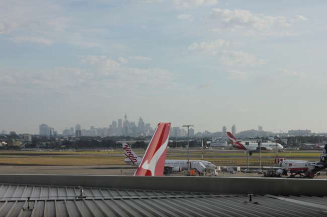 Sehnsüchtiger Blick auf Sydneys Skyline vom Transitbereich aus