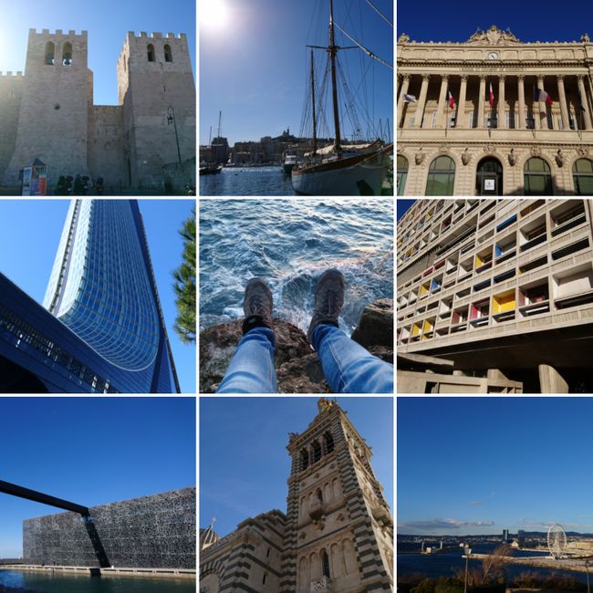Marseille: On the top left, St. Victor Abbey; in the middle left, the building of CMA; on the bottom left, the Mucem (a museum opened in 2013); on the top middle, a view over the old harbor; in the middle, I enjoy the sea; on the bottom middle, Notre Dame de la Garde; on the top right, the stock exchange; in the middle right, the Unité d'Habitation building (a residential building designed after World War II); on the bottom right, a view over Fort Saint Jean to the bay of Marseille