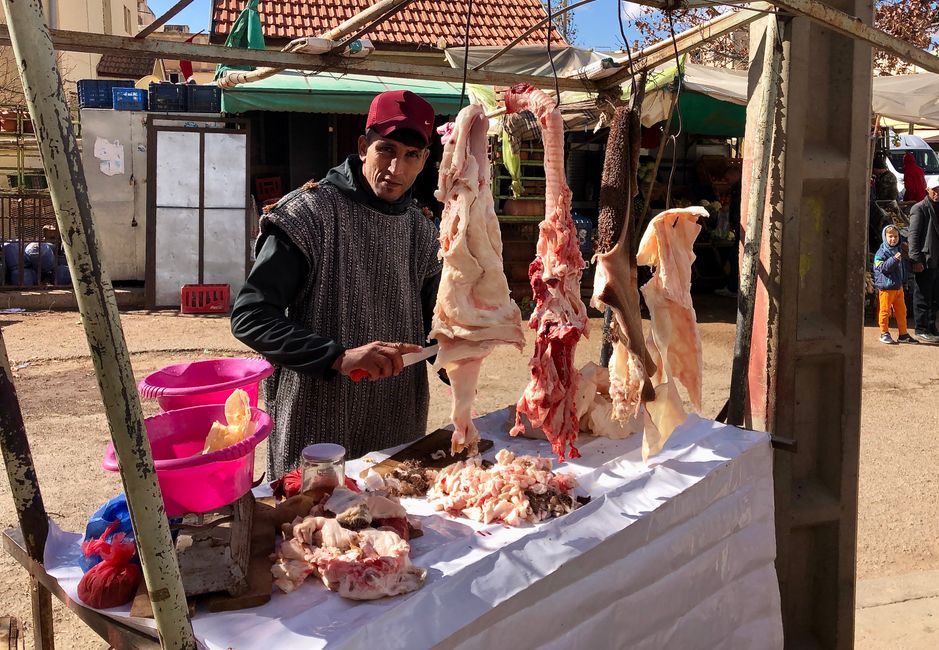 In the villages and towns, there is a butcher every few meters practicing his trade.