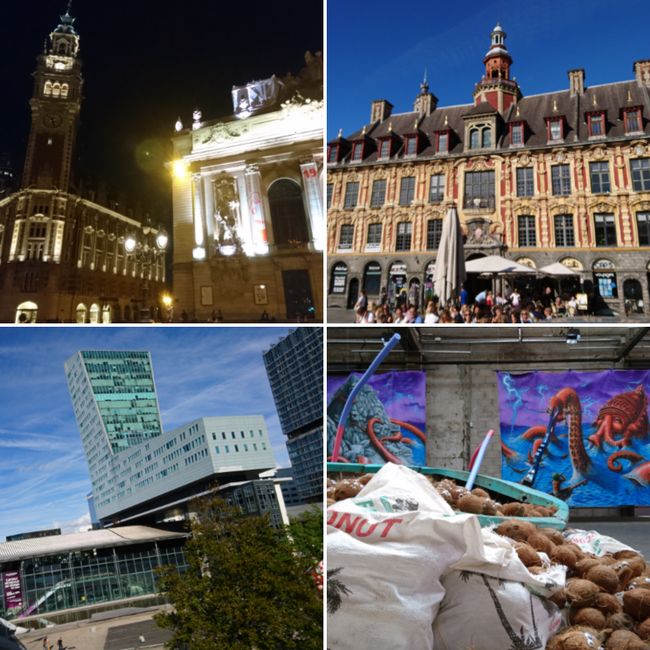 top left: the belfry with the opera; top right: the old stock exchange; bottom left: the Tour Lille in the newly developed area; bottom right: in the 'Eldorado' exhibition in the old Saint Sauveur train station 