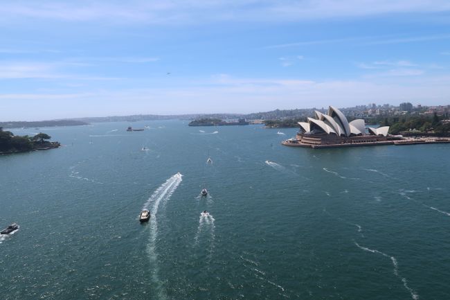 The view from the Harbour Bridge of the Opera House.