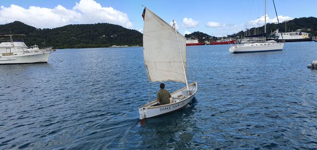 Angie in the self-built sail dinghy
