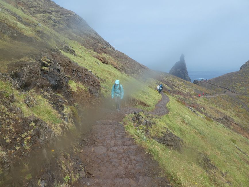 Volcanic rock, storm and rainbow on Sao Lourenco - Madeira's East