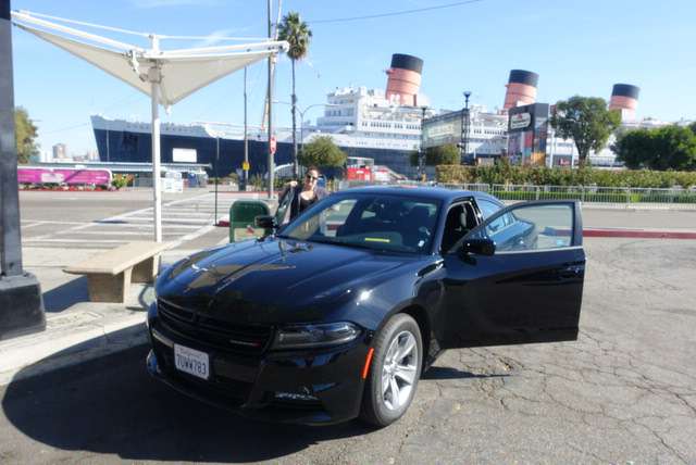 Our Dodge Charger with the Queen Mary in the background