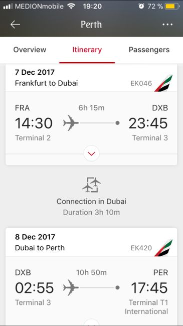 Flight details: FRA-DXB-PER