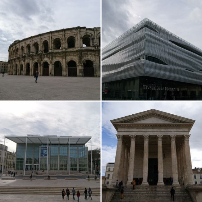 oben links das alte, römische amphitheater; oben rechts das musée de la romanite; unten links das carré d'art-musée; unten rechts das maison carré 
