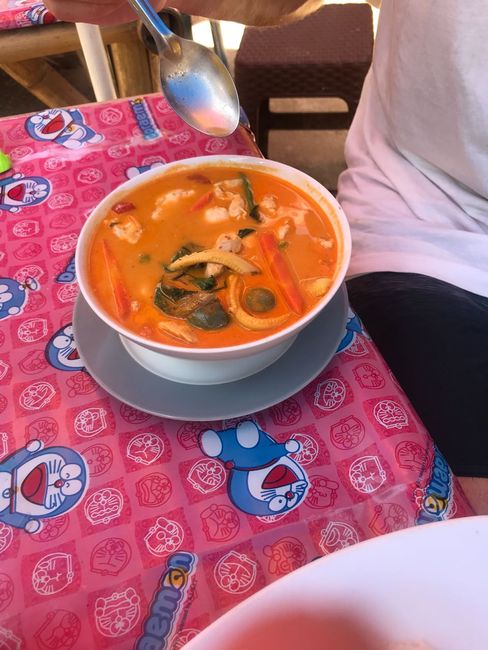 Red curry for lunch (on a cream tablecloth by the way;)