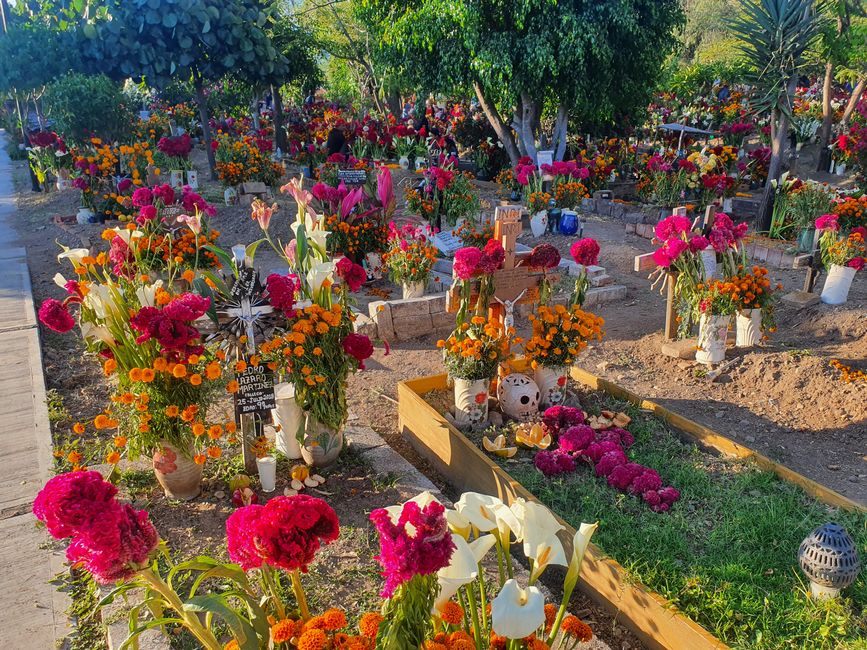 The colorful decorated graves on Día de Muertos