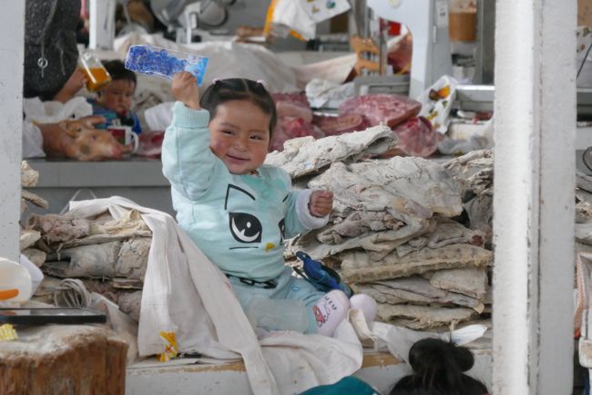 Kind vom Fleischverkäufer, Markthalle Cusco