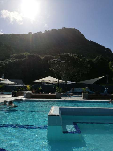 Hot water salt pool with a view of Mt. Maunganui