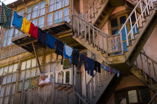 Clotheslines stretched across courtyards are typical.