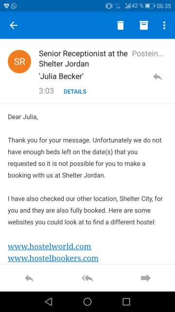 On one hand, I could really get upset that they said they had a bed available on the phone and now apparently don't anymore (and they tell me this at 3 am). On the other hand, at least they wrote a really nice email.