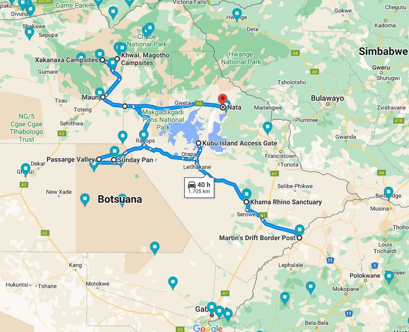 Route through Botswana