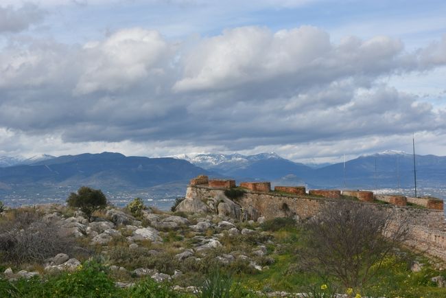 View of snow-covered mountains from Palamidi Fortress
